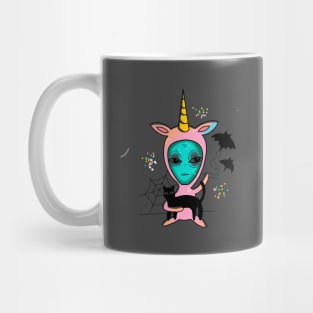 alien in a pink unicorn onesy holding a cat smoking a blunt cute gift Mug